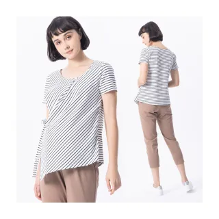 【Gennies 奇妮】休閒親膚棉哺乳上衣白底黑條(哺乳衣 短袖哺乳衣 前片式 綁帶 哺乳巾 側開哺乳)
