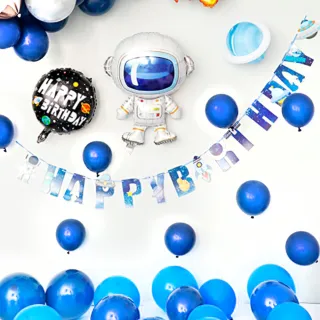 藍色系飛向宇宙太空人生日快樂套組1組(生日氣球 生日佈置 生日派對 派對氣球 氣球 鋁模氣球)