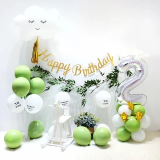 森林系酪梨色生日快樂套組1組-銀色大數字任選(生日氣球 生日佈置 生日派對 派對氣球 氣球 鋁模氣球)