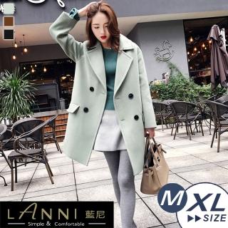 【LANNI 藍尼】現貨 雙排扣翻領修身毛呢外套※(中長版大衣/毛呢外套/售完不補)