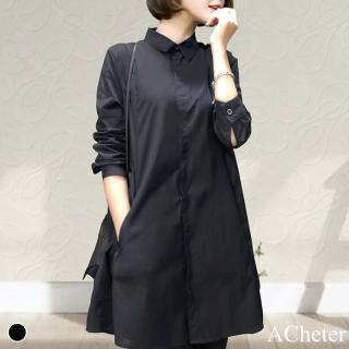 【ACheter】韓版純色素面風衣款設計中長版棉麻長袖襯衫#108169現貨+預購(黑色)
