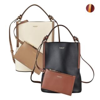 【BURBERRY 巴寶莉】BURBERRY Peggy燙金LOGO滑面小牛皮手提斜背水桶包(小/多色/附手拿包)
