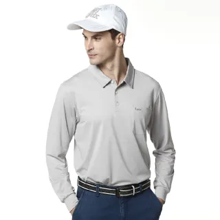 【Lynx Golf】男款吸濕排汗抗UV胸袋款素面Lynx繡花長袖POLO衫/高爾夫球衫(灰色)