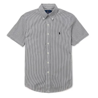 【RALPH LAUREN】RL POLO 經典刺繡小馬商務短袖襯衫-灰白直條紋色(CLASSIC FIT / 平輸品)