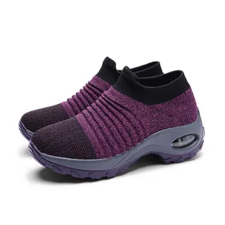 【HAPPY WALK】彈力拼接飛織襪套時尚氣墊休閒鞋(紫)