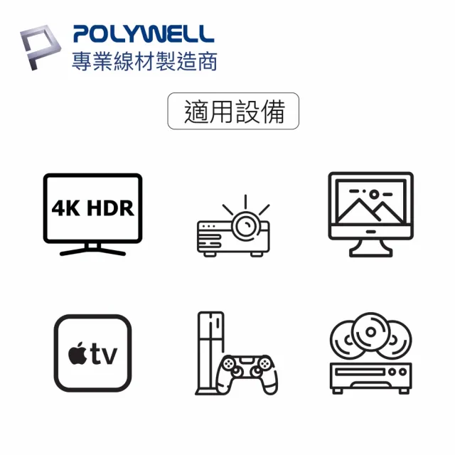 【POLYWELL】HDMI延長線 2.0版 1M 公對母 4K60Hz UHD HDR ARC(適合家用/學校/辦公室)