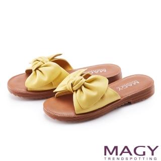 【MAGY】大蝴蝶結造型真皮平底 女 拖鞋(黃色)