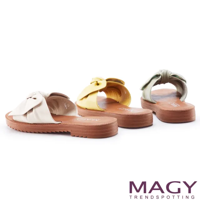 【MAGY】大蝴蝶結造型真皮平底 女 拖鞋(米色)