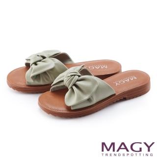 【MAGY】大蝴蝶結造型真皮平底 女 拖鞋(綠色)