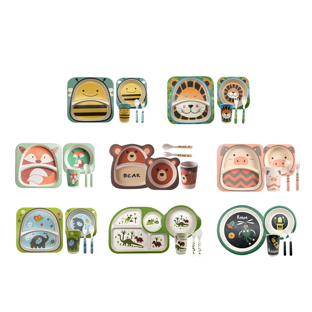 【JOEKI】竹纖維兒童餐具5件套組-CC0144(兒童餐具 無毒餐具 學習餐具 可愛動物款 環保安全)