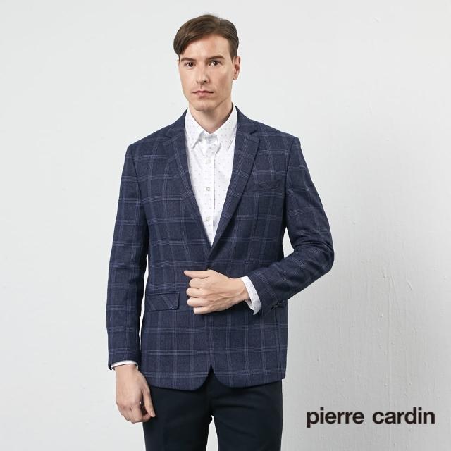 【pierre cardin 皮爾卡登】商務休閒 男款 經典格紋休閒西裝外套-深藍(5205572-38)