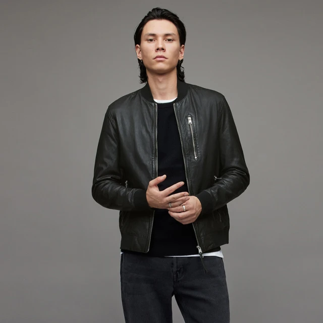 【ALLSAINTS】BOYTON 時尚極簡拉鍊口袋飛行員羊皮皮衣夾克外套-黑 ML048T