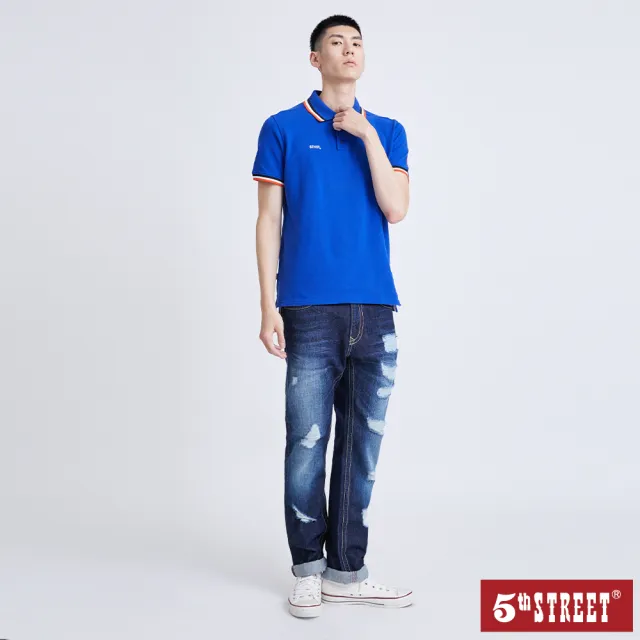 【5th STREET】男刷破補釘直筒褲-原藍色