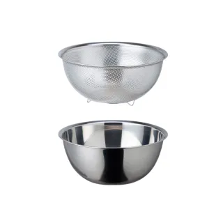 【SHIMOYAMA 日本霜山】304不鏽鋼料理用調理盆+瀝水盆2件組-18CM(洗菜盆 瀝水籃 調理盆)