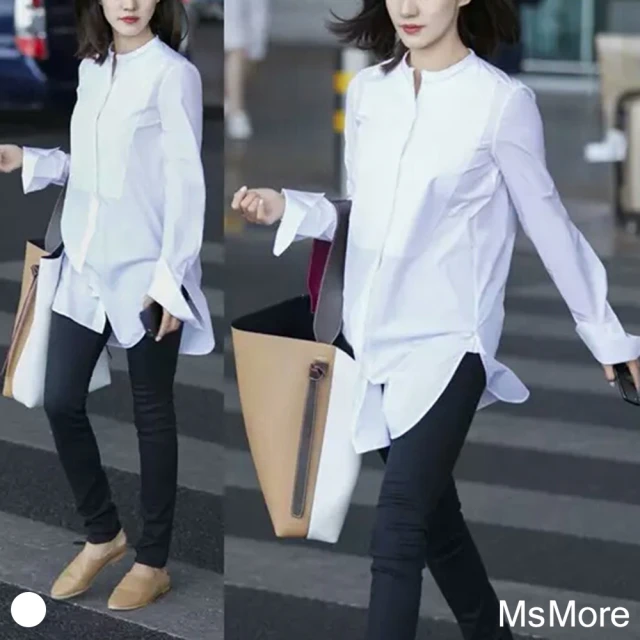 【MsMore】韓模明星同款立領長版白襯衫#108172(白色)