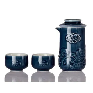 【乾唐軒】祥雲如意陶瓷泡茶器(一壺+二杯 / 礦藍 / 交換禮物)