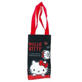 【小禮堂】HELLO KITTY 方形尼龍保冷水壺袋 保冷杯袋 環保杯袋 飲料杯袋 《黑 大臉》 凱蒂貓