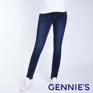 【Gennies 奇妮】彈力刷色牛仔褲-深藍(孕婦褲 窄管 後雙口袋 一體成型 無痕褲頭)