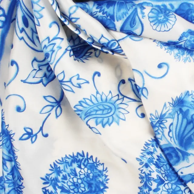 【LANVIN 浪凡】手繪風格花鳥森林方型絲巾(藍色/白色)