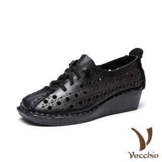 【Vecchio】真皮頭層牛皮手工復古刻花沖孔縷空綁帶坡跟厚底休閒鞋(黑)