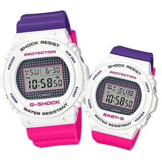 【casio 卡西歐】g-shock+baby-g 復古格紋圓框撞色電子錶-白x桃紅x亮紫(dw-5700thb-7+bgd-570thb-7)