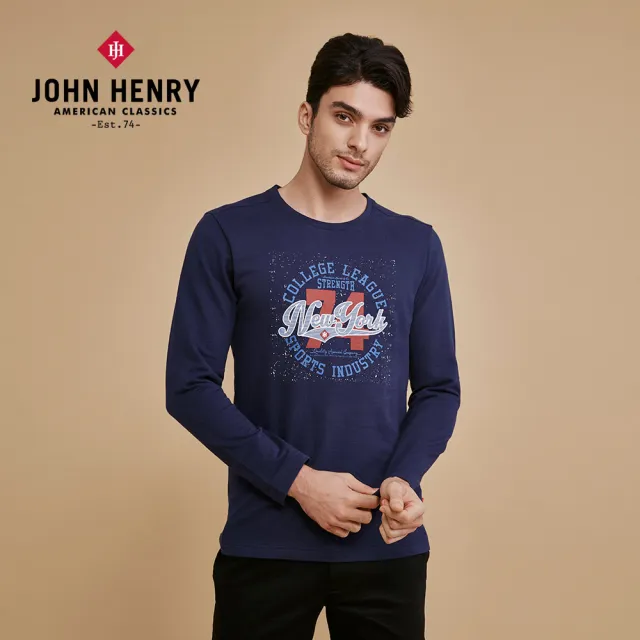 【JOHN HENRY】純棉復古噴墨文字設計長袖-藍