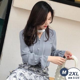 【LANNI 藍尼】現貨 小性感柔美氣質釘珠雪紡衫(上衣/雪紡衫/襯衫/薄長袖/售完不補)