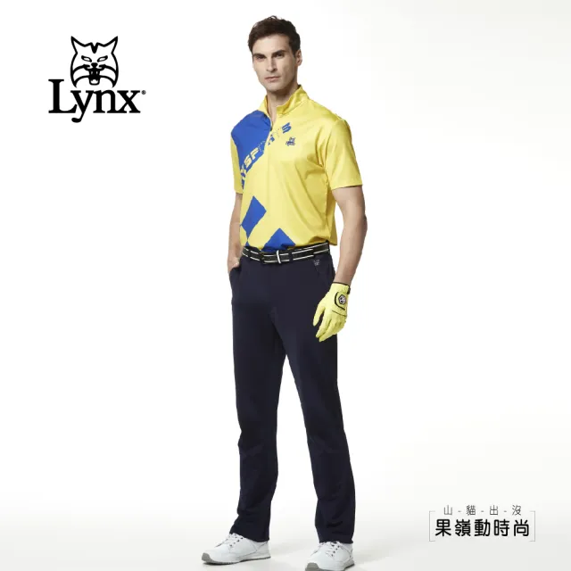 【Lynx Golf】男款吸濕排汗賽車方格旗設計山貓繡花短袖立領POLO衫/高爾夫球衫(黃色)