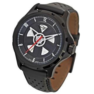 【MINI SWISS WATCHES】石英錶 44mm 黑底方向盤錶面 黑色透孔皮錶帶(黑色 男錶 女錶)
