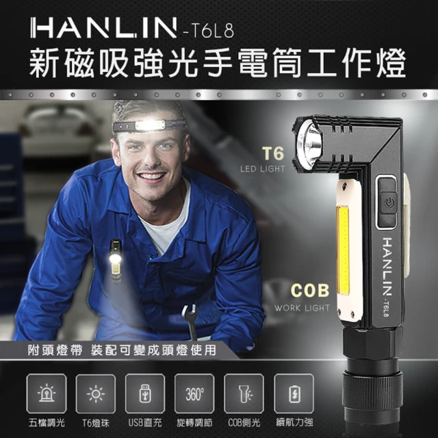 【HANLIN】新磁吸強光手電筒工作燈USB直充(MT6L8)