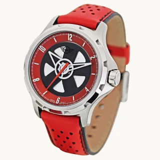 【MINI SWISS WATCHES】石英錶 44mm 紅底方向盤錶面 紅色透孔皮錶帶(紅色)