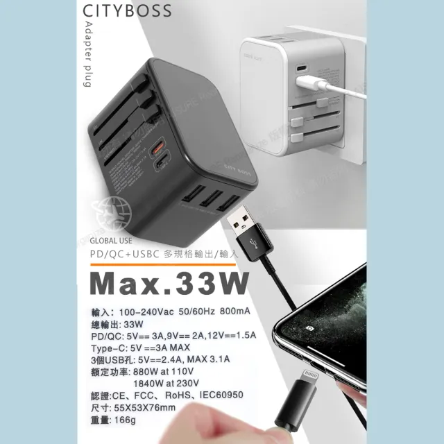 【CITY】萬用轉接頭急速充電器33W 2口Type-C輸出快充+3USB輸出快充出國旅行一顆搞定(通過商檢認證)