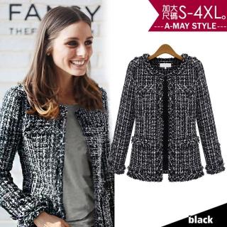 【艾美時尚】現貨 中大尺碼女裝 小香風黑白格紋粗花呢外套。S-4XL(黑)