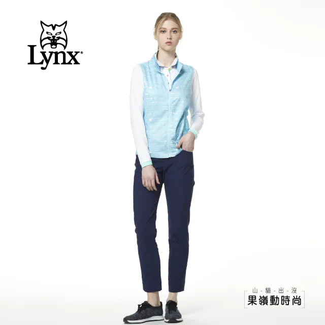 【Lynx Golf】女款輕潑水後背透氣設計文字印花無袖背心(淺藍色)