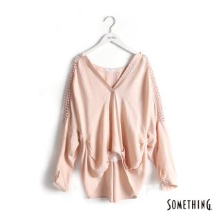 【SOMETHING】女裝 袖剪接蕾絲半開襟襯衫(珊瑚紅)