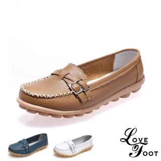 【LOVE FOOT 樂芙】真皮豆豆鞋/真皮交叉釦帶造型休閒豆豆鞋(5色任選)