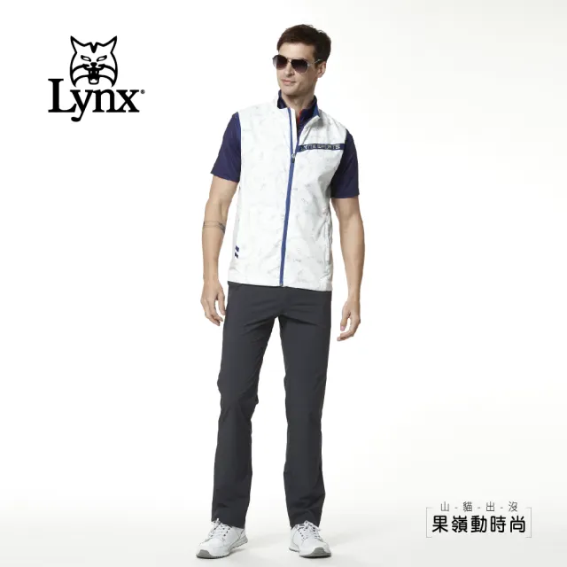 【Lynx Golf】男款滿版Lynx LXG印花造型配布拉鍊口袋無袖背心(白色)