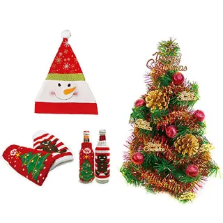【摩達客】耶誕-聖誕交換禮物組(含1尺紅金松果聖誕樹-附LED20彩光電池燈/含酒瓶套2入/含雪人造型聖誕帽)