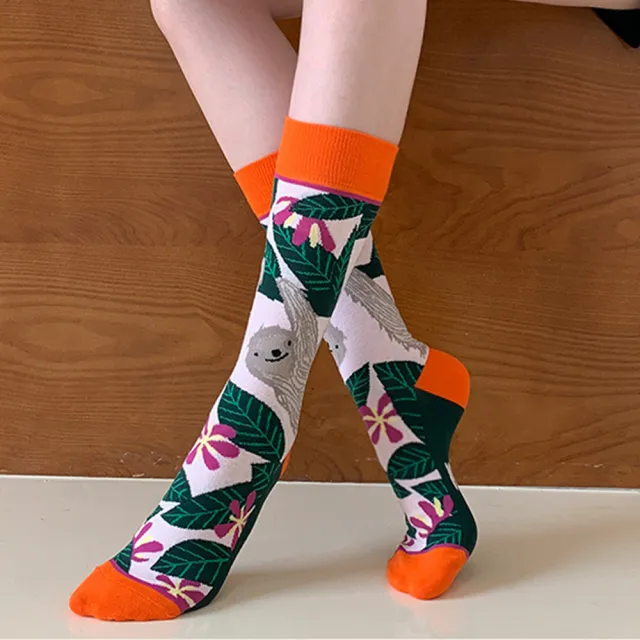 【OT SHOP】男女款棉質搞怪個性潮流中筒襪 M1093(熱帶雨林 法式風格襪子)