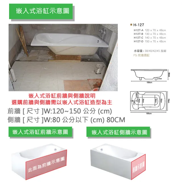 【大巨光】嵌入式浴缸加購活動前牆120-150cm(含/浴缸用/附腳架)