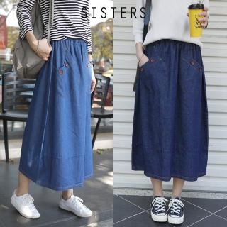 【SISTERS】現貨 輕丹寧貓咪口袋牛仔裙/中長裙 共二色(台灣製MIT/牛仔裙/中長裙/丹寧/裙子/顯瘦/長裙)