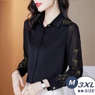 【LANNI 藍尼】★模擬絲氣質刺繡緞面襯衫(上衣/襯衫/長袖)