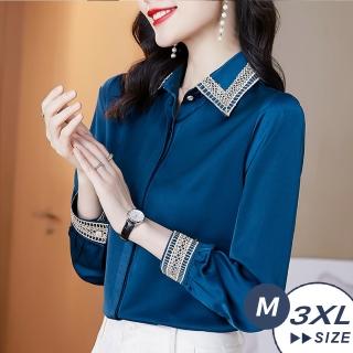 【LANNI 藍尼】現貨 精美金色刺繡模擬絲襯衫(上衣/襯衫/薄長袖/售完不補)