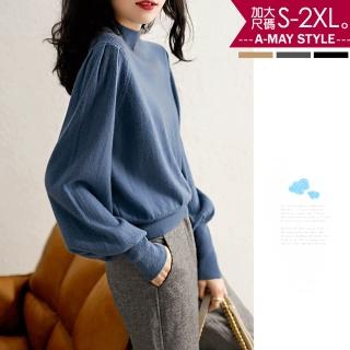 【艾美時尚】中大尺碼女裝 上衣 羊毛絨半高領縮袖針織衫。S-2XL(3色.現貨+預購)