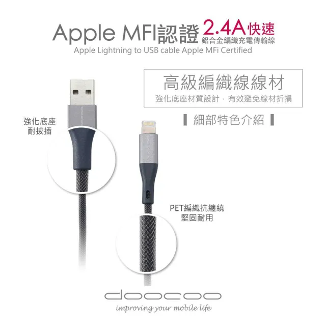 【doocoo】Apple Lightning MFi 鋁合金編織充電傳輸線(120CM)