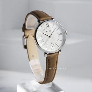 【FOSSIL】Jacqueline 銀殼 白麵 咖啡色皮革 手錶 情人節(ES3708)