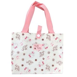 【小禮堂】Hello Kitty 便當袋 手提袋 野餐袋 方形不織布 《米棕 摸嘴》