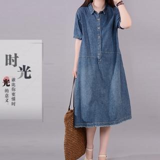 【BRIGA SING1986】BRIGA SING1986設計師款大碼女裝中長款磨白知性短袖牛仔連衣裙(SING1986)