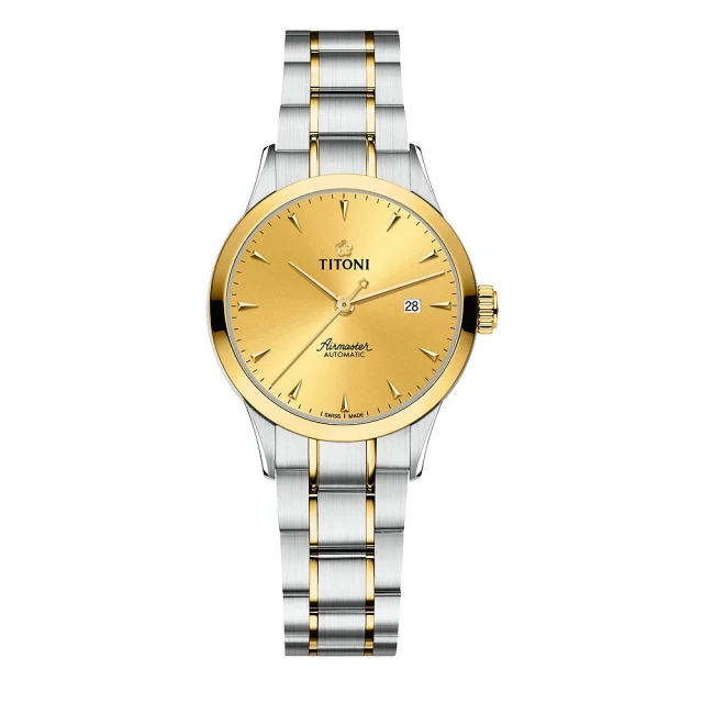 TITONI 梅花錶 空中霸王系列機械女錶 金面間金鍊帶 29mm(23733 SY-651)