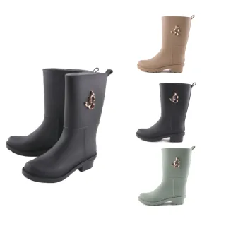 【Alberta】3CM雨靴 優雅氣質金屬飾釦 筒高23.5CM防水防雨厚底圓頭中筒靴